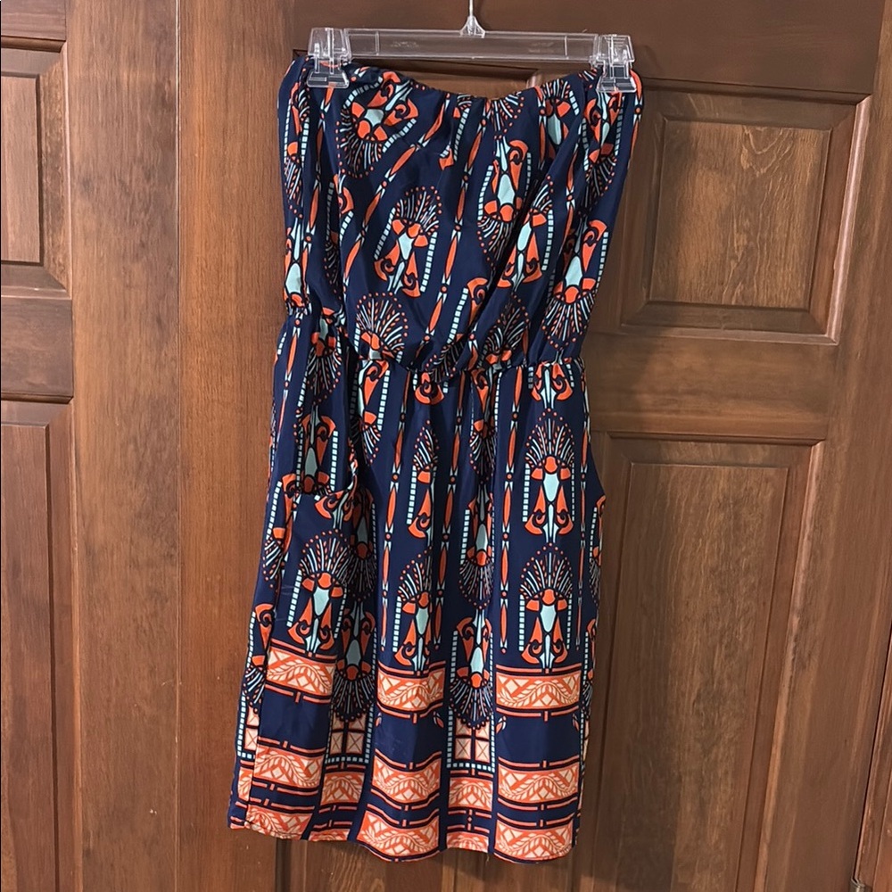 Buttons Strapless Dress in Navy and Orange